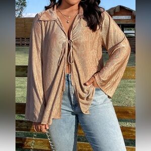 4XL Crinkle Satin Tie Front Top Blouse Brown Bronze Plus Size Oversized